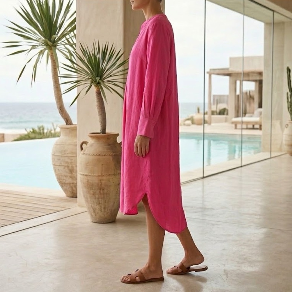 H&M Hot Pink Lyocell Blend V-Neck Kaftan Tunic Resort Dress Size Small - Picture 2 of 10